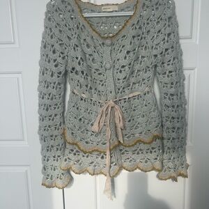 Chic Gray Crochet Cardigan with Gold Trim